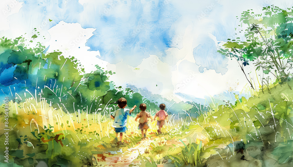Canvas Prints three children are running through a grassy field