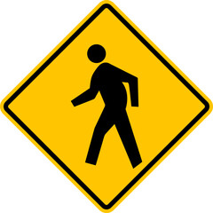 Pedestrian crossing sign. Pedestrians have priority when crossing the road. Yellow diamond shaped warning road sign. Diamond road sign. Road sign rhombus. Crossing point of a road, street, highway.