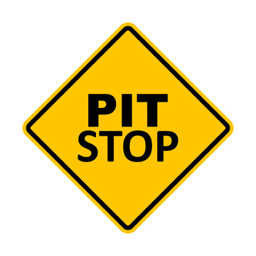 Pit stop sign. Pit stop area where cars can stop for service. Warning yellow road sign. Diamond road sign. Rhombus road sign.
