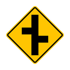 Unregulated intersection with an adjacent road. On both sides. Road merge sign. Road junction. A junction where one street or road intersects another. Diamond road sign. Warning yellow road sign.