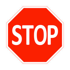 STOP sign. Red STOP sign. Driving without stopping is prohibited. After stopping, driver must give way to vehicles and pedestrians who have right way. Warning road sign.