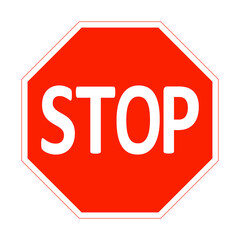 STOP sign. Red STOP sign. Driving without stopping is prohibited. After stopping, driver must give way to vehicles and pedestrians who have right way. Warning road sign.
