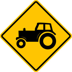 Sign tractor. Work tractors and agricultural machinery. The tractor drives out onto the road. Agricultural work. Diamond road sign. Rhombus road sign. Warning yellow road sign.