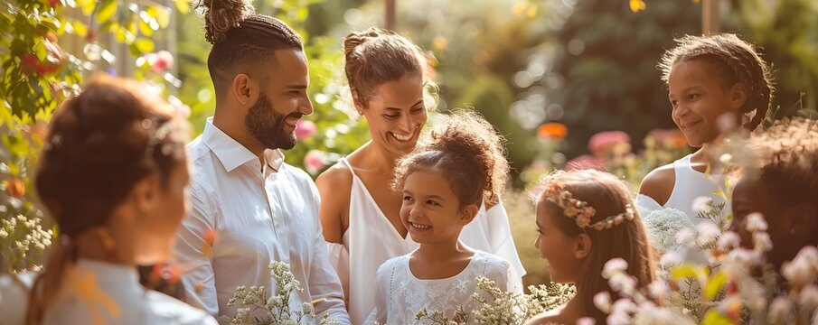 Cherished Moment in a Verdant Garden   Family Celebrating Joyous Vow Renewal