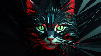 Futuristic Neon Cat Head Art with Glowing Red Eyes

