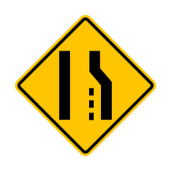 Road narrowing sign on the right. The road narrows. There will be fewer lanes ahead. The right line ends. Warning yellow road sign. Diamond road sign. Rhombus road sign.
