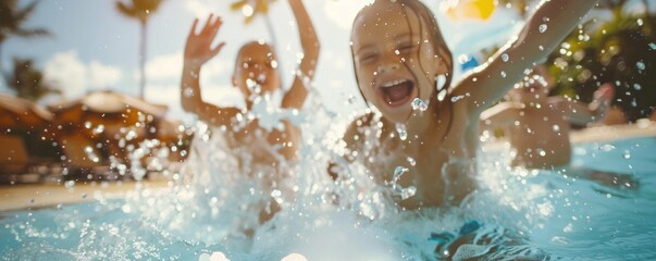 Child splashing water in the pool, summer vacation, fun in the sun, happy moments, family time, joyful play.