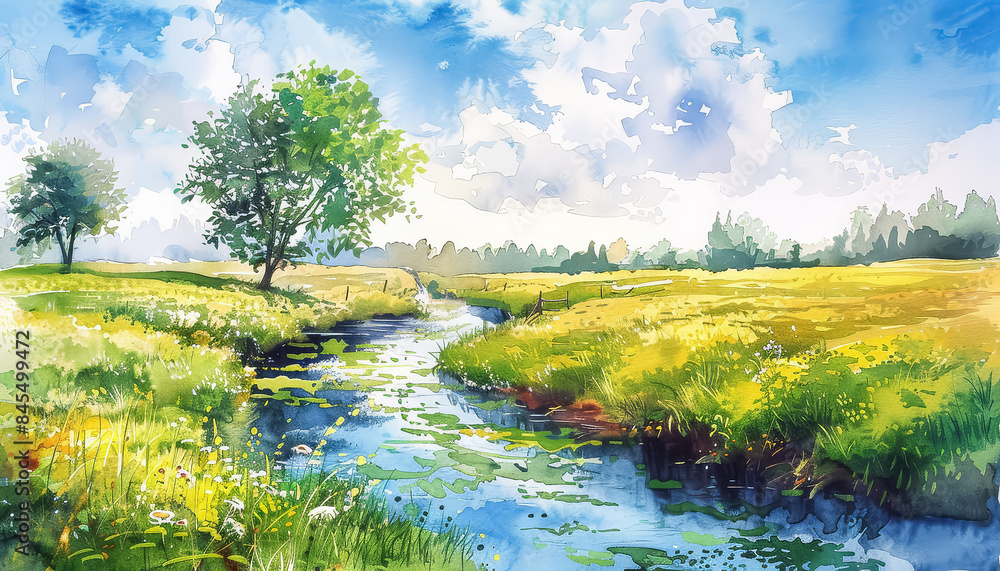 Canvas Prints a painting of a field with a river running through it
