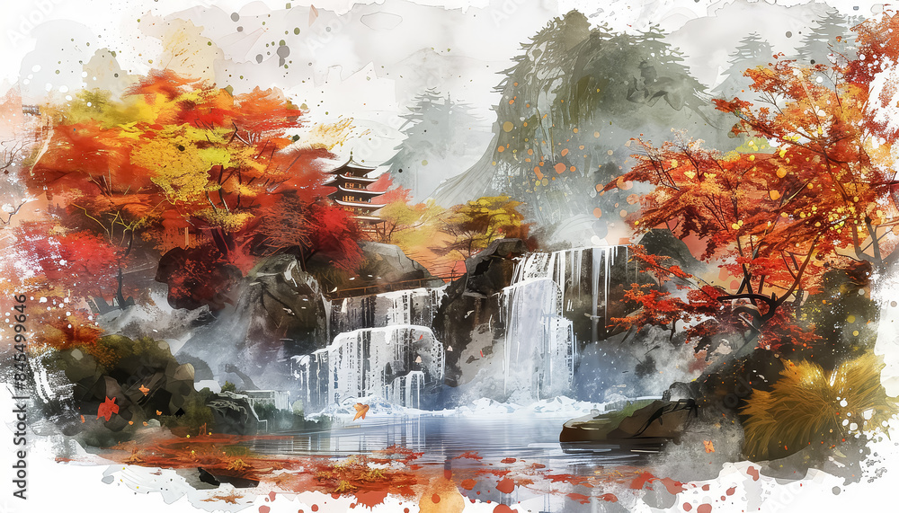 Wall mural a waterfall is surrounded by trees and a building in the background