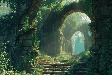 A weathered stone building stands amidst a lush green forest, its windows gaping empty and its walls adorned with moss and vines.