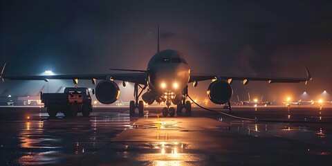 Refueling Aircraft at Night with Tanker Truck Connected to Fuel Hoses. Concept Aerial Refueling, Military Operations, Jet Fuel Supply, Aviation Technology, Nighttime Operations