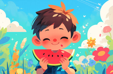 24 solar terms Lixia solar term children eat watermelon to cool the summer cartoon illustration