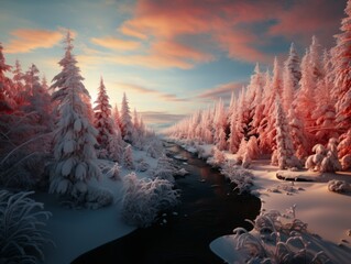 The image shows a river flowing through a snowy forest. The trees are pink, all covered with snow.