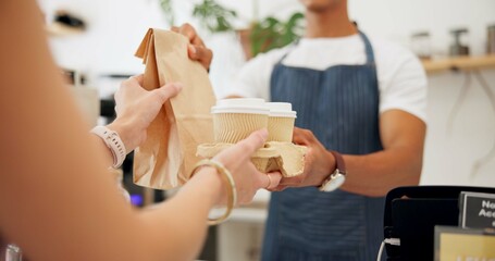 Barista, customer and takeaway coffee or hands or giving at counter as breakfast order, morning or...