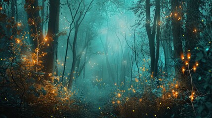 Fototapeta premium A serene forest scene at night with fireflies illuminating the trees.