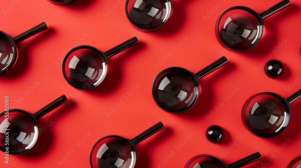 Poster gleaming black magnifying glasses arranged in an aesthetically pleasing pattern on a red background.