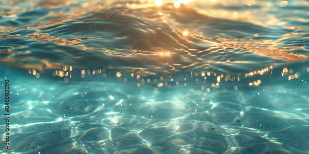 Poster abstract background with blurry lights on sea water. caustics and bokeh. created with generative ai 