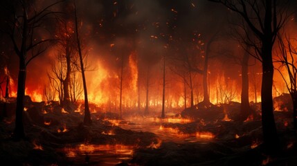 Raging wildfire engulfing a dense forest, with flames leaping from the trees and smoke billowing into the sky.