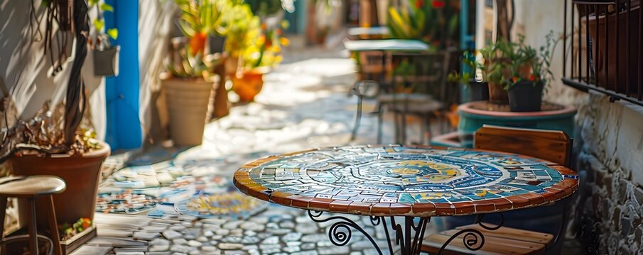 Tiled Mosaic Table in Tranquil Mediterranean Courtyard for Artisan Product Display