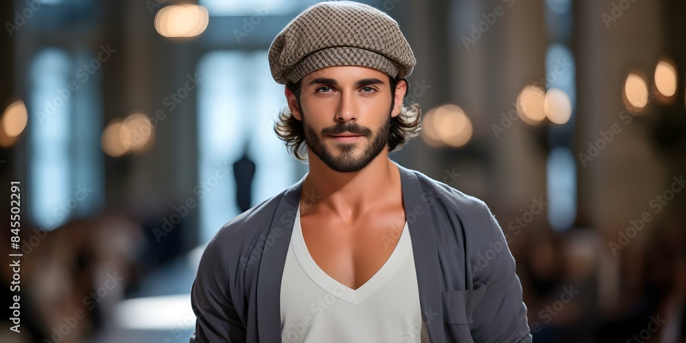 Sticker stylish male model wearing beret and joggers at fashion show. concept fashion shows, male models, st