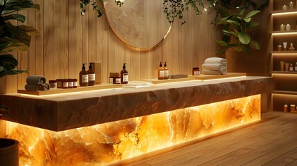 Backlit Onyx Table in Luxury Spa Showcasing Premium Skincare Products for Beauty and Wellness Branding