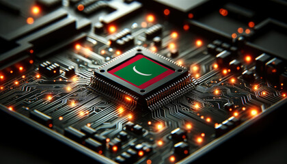 Fototapeta premium A microchip with the Maldive flag embedded on a circuit board, symbolizing Maldive technological innovation and advancement
