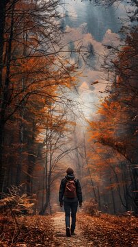 A Person s Solitude and Peace While Hiking Alone Through an Autumn Forest