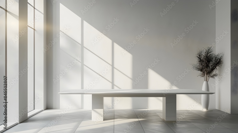 Poster sleek white table in minimalist room with soft natural lighting empty display concept
