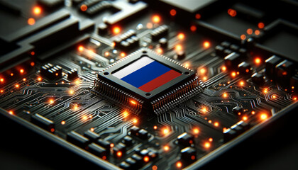 A microchip with the Russia flag embedded on a circuit board, symbolizing Russia technological innovation and advancement