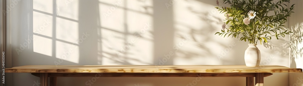 Poster simple pine table in scandinavian styled room with clean lines and natural light for product display