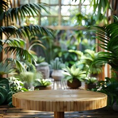 Bamboo Table in Lush Green Conservatory Ideal for Eco Friendly Product Display