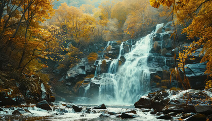 A waterfall is flowing into a river in a forest