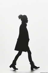 Minimal silhouette of a female figure walking on a clean, white backdrop,