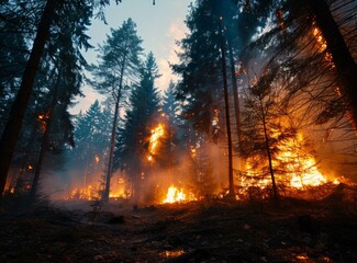 Raging wildfire engulfing a dense forest, with flames leaping from the trees and smoke billowing into the sky.