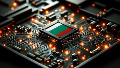 Fototapeta premium A microchip with the Bulgaria flag embedded on a circuit board, symbolizing Bulgaria technological innovation and advancement