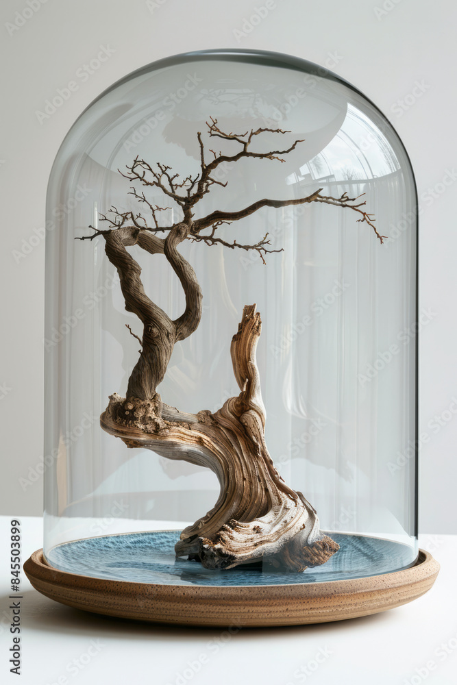 Poster minimal image of a plate with a piece of driftwood under a cloche on a plain white backdrop,