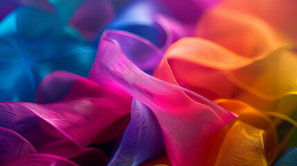 Colorful transparent fabric is flowing in the air creating abstract shapes, illuminated with colorful lights