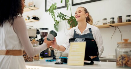 Service, barista or customer with coffee shop or store for drinks or return at checkout counter in...