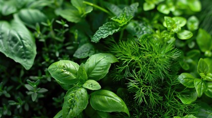 Herb Mix. Fresh Basil, Thyme, Mint, Rosemary, Dill. Green Herbal Background