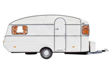 Vintage seventies white caravan with flower curtains