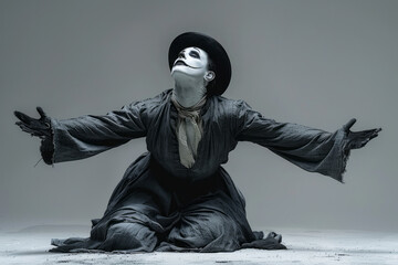 Minimalist shot of a mime artist performing a dramatic gesture against a soft grey background,