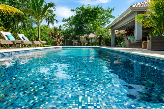 A sparkling blue swimming pool with clear water and reflections of sunlight, surrounded by inviting poolside chairs and tropical plants.