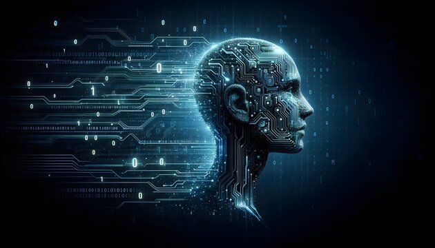 Digital human head with circuit board patterns and binary code on a dark background. Futuristic technology and artificial intelligence concept for design and print