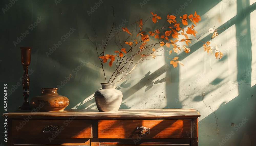 Canvas Prints a vase with a branch of leaves in it sits on a wooden table
