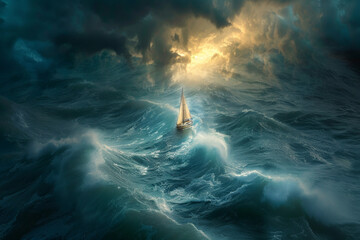 A tiny sailboat navigating through a vast, stormy ocean toward a beacon of light.