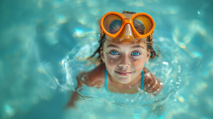 Naklejka premium Cute Little Girl Wearing Snorkel Swimming in a Bright Blue Pool