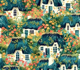 Whimsical Storybook Cottages Nestled in Lush Vibrant Countryside Garden