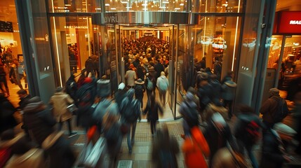 Frenzied Crowds Rushing Through Shopping Mall Entrance During Black Friday