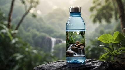 Generic plastic water bottle in the midst of a jungle scene on a fake rock with a backdrop of raindrops and a forest as a broad banner