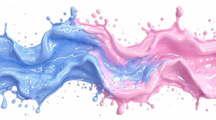 Gentle mix of blue and pink acrylic paint splashing on a white background, offering a serene and artistic composition AI Generative.